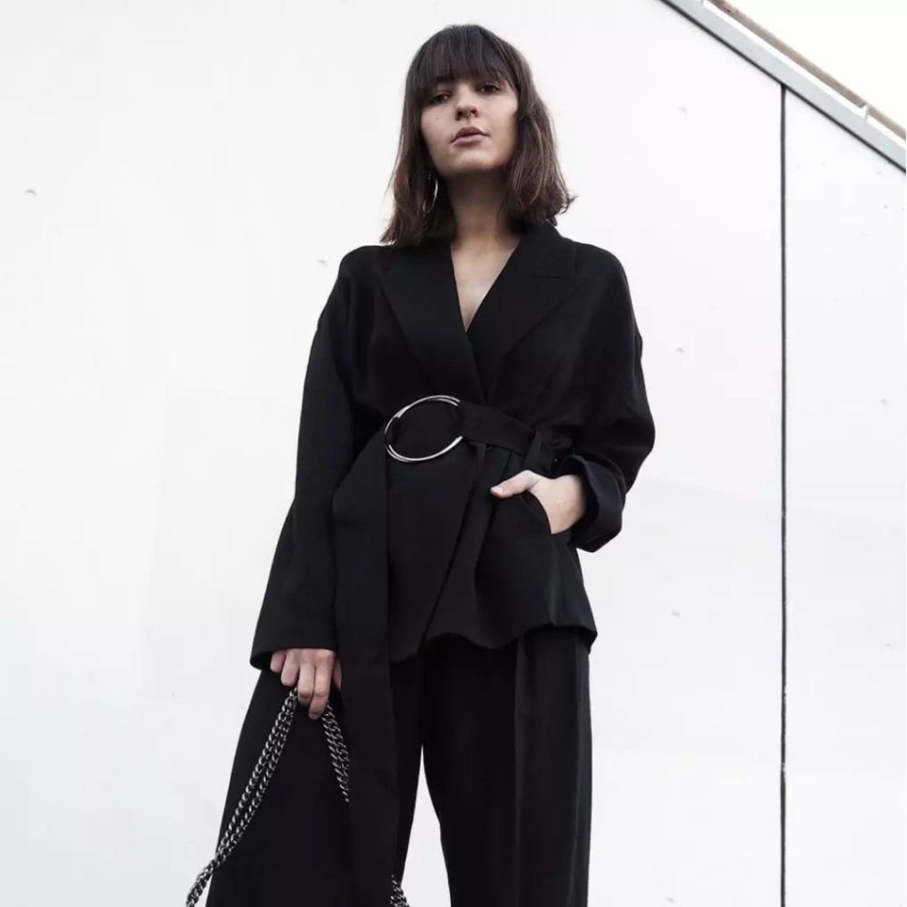 Zara Woman Studio Belted Pinstripe Blazer